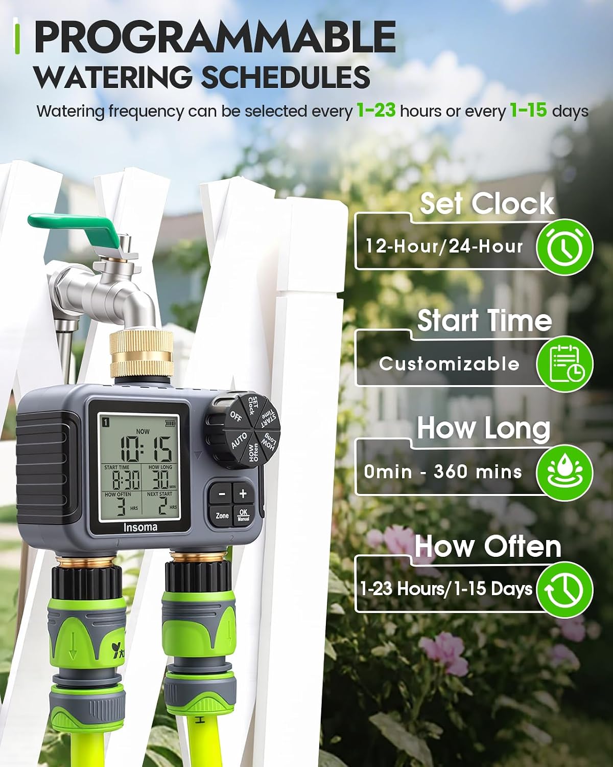 2 Zone Water Timer, Programmable Irrigation Sprinkler Timer for Garden Hose, Outdoor Hose Faucet Timers with Rain Delay/Manual/Auto Modes, IPX5 Waterproof for Drip System & Lawn