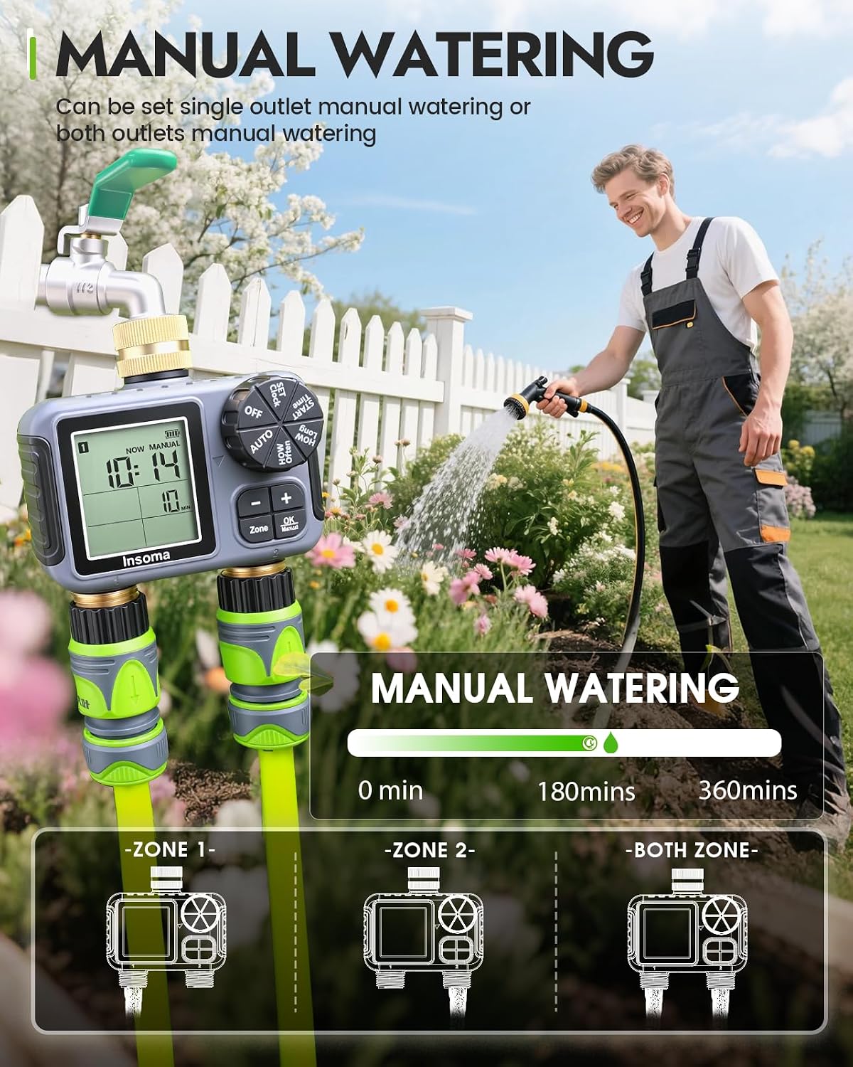 2 Zone Water Timer, Programmable Irrigation Sprinkler Timer for Garden Hose, Outdoor Hose Faucet Timers with Rain Delay/Manual/Auto Modes, IPX5 Waterproof for Drip System & Lawn