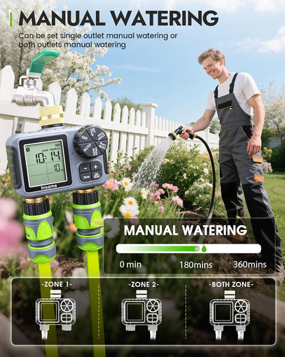2 Zone Water Timer, Programmable Irrigation Sprinkler Timer for Garden Hose, Outdoor Hose Faucet Timers with Rain Delay/Manual/Auto Modes, IPX5 Waterproof for Drip System & Lawn