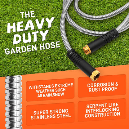 Garden Hose 75FT Stainless Steel Water Hose with 10 Functions Adjustable Spray Nozzle, Heavy-Duty Metal Garden Hose Flexible Durable No-Tangle & Kink Leak Dog Proof Hose for Yard Lawn(Orange)