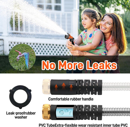 Garden Hose 75FT Stainless Steel Water Hose with 10 Functions Adjustable Spray Nozzle, Heavy-Duty Metal Garden Hose Flexible Durable No-Tangle & Kink Leak Dog Proof Hose for Yard Lawn(Orange)