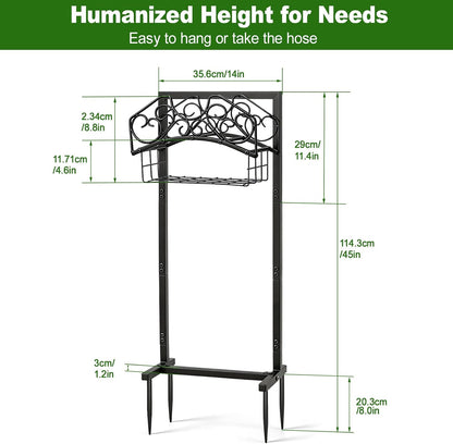 Garden Hose Holder, Freestanding Water Hose Holder Stand with Storage Basket, Sturdy Metal Garden Hoses Storage Rack Holds 150FT for Outside Yard Lawn Farm