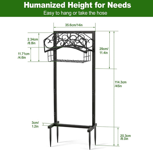 Garden Hose Holder, Freestanding Water Hose Holder Stand with Storage Basket, Sturdy Metal Garden Hoses Storage Rack Holds 150FT for Outside Yard Lawn Farm