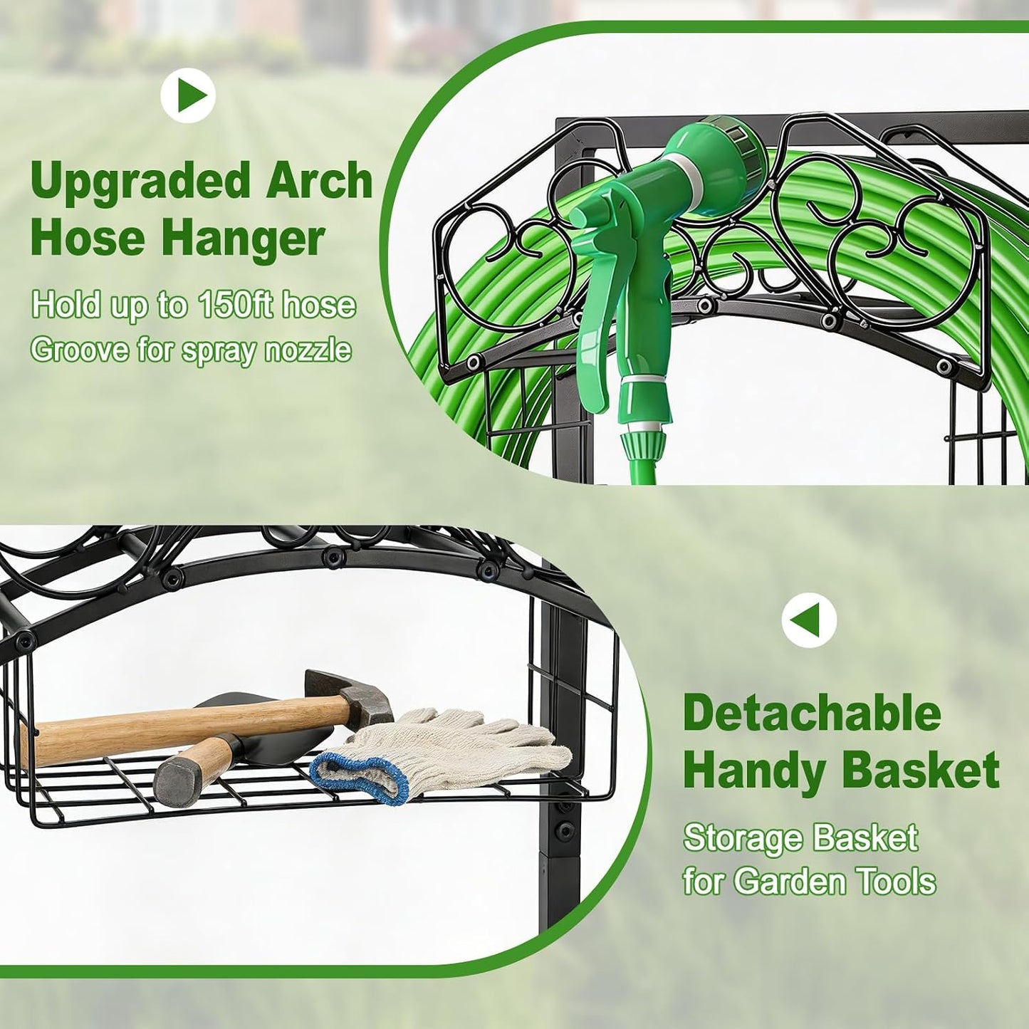 Garden Hose Holder, Freestanding Water Hose Holder Stand with Storage Basket, Sturdy Metal Garden Hoses Storage Rack Holds 150FT for Outside Yard Lawn Farm