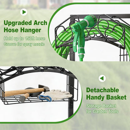 Garden Hose Holder, Freestanding Water Hose Holder Stand with Storage Basket, Sturdy Metal Garden Hoses Storage Rack Holds 150FT for Outside Yard Lawn Farm