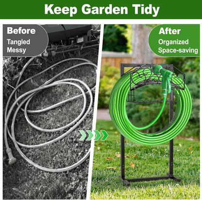 Garden Hose Holder, Freestanding Water Hose Holder Stand with Storage Basket, Sturdy Metal Garden Hoses Storage Rack Holds 150FT for Outside Yard Lawn Farm