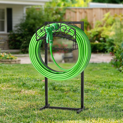 Garden Hose Holder, Freestanding Water Hose Holder Stand with Storage Basket, Sturdy Metal Garden Hoses Storage Rack Holds 150FT for Outside Yard Lawn Farm