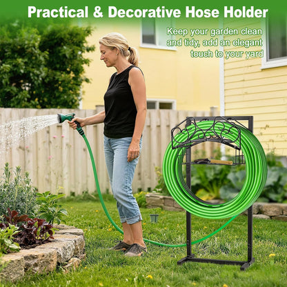 Garden Hose Holder, Freestanding Water Hose Holder Stand with Storage Basket, Sturdy Metal Garden Hoses Storage Rack Holds 150FT for Outside Yard Lawn Farm