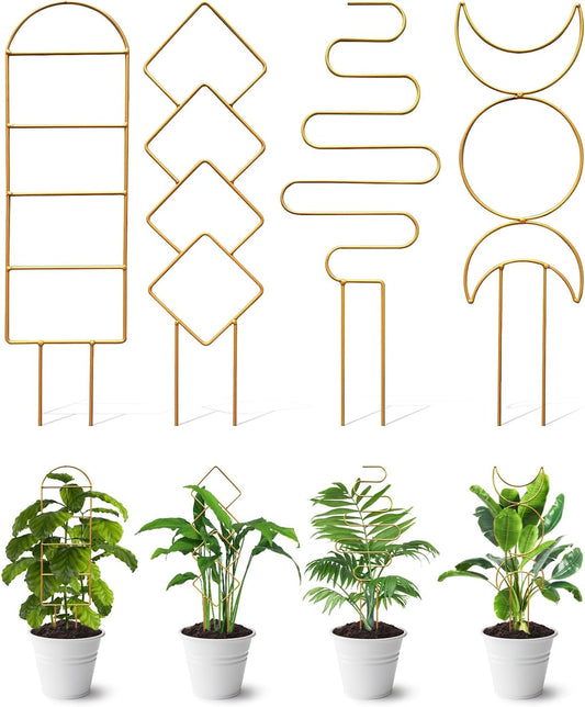 4 Pack Indoor Climbing Plant Trellis, Small Trellis for Potted Plants Outdoor, Metal Garden Trellis Plant Support Trellis with Different Patterns for Vine Ivy Flower (Golden)