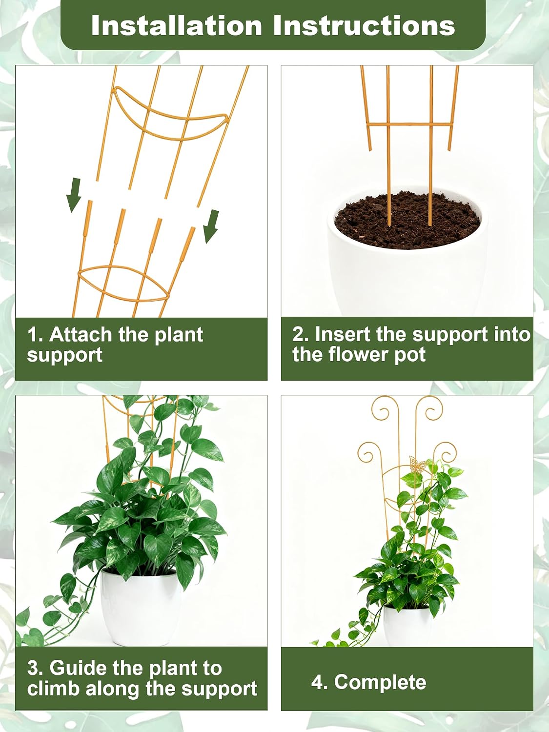 4 Pack Indoor Climbing Plant Trellis, Small Trellis for Potted Plants Outdoor, Metal Garden Trellis Plant Support Trellis with Different Patterns for Vine Ivy Flower (Golden)