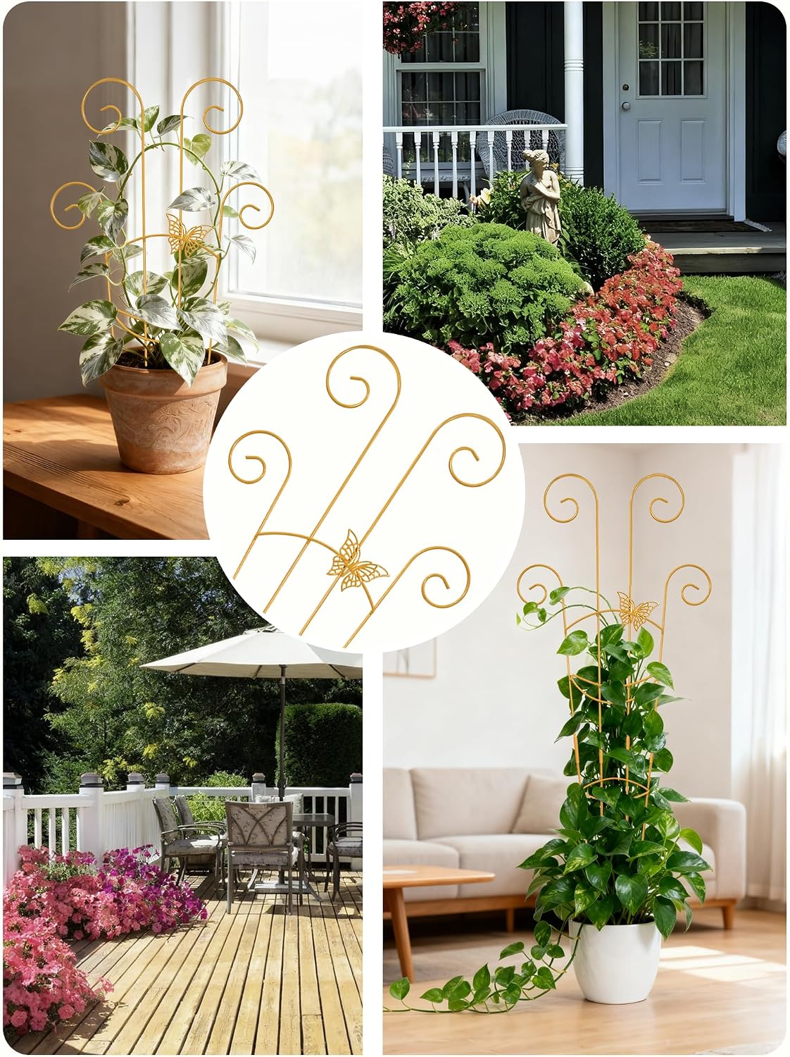 4 Pack Indoor Climbing Plant Trellis, Small Trellis for Potted Plants Outdoor, Metal Garden Trellis Plant Support Trellis with Different Patterns for Vine Ivy Flower (Golden)