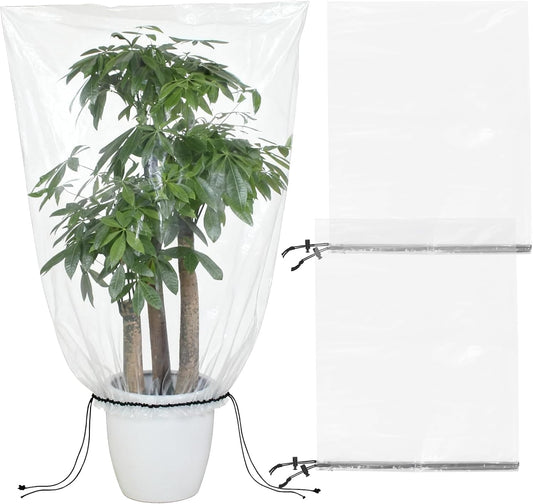 2 Pcs Winter Plant Covers Freeze Protection with Drawstring, 55.1"x78.7" Clear Plastic Film Shelter Bags, Waterproof Plant Frost Protection Covers for Outdoor Garden Shrubs Crops