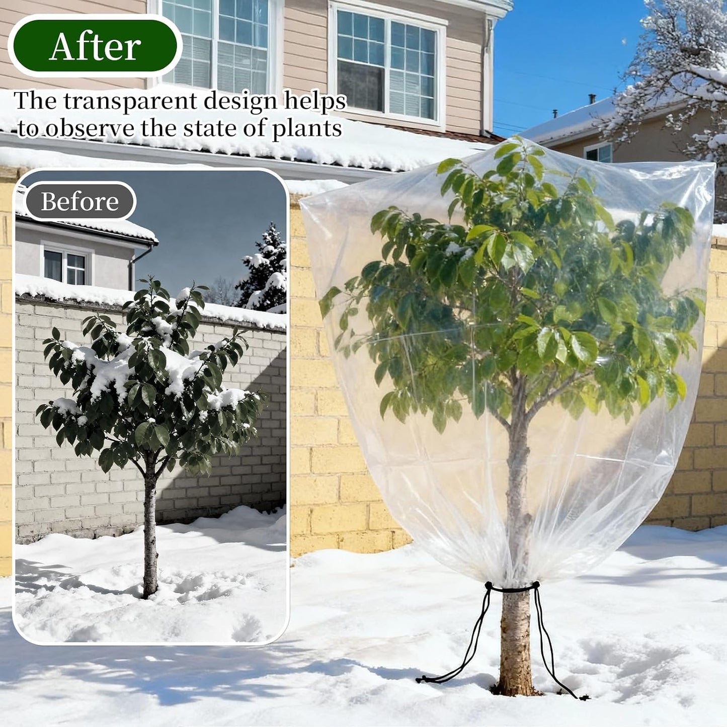 2 Pcs Winter Plant Covers Freeze Protection with Drawstring, 55.1"x78.7" Clear Plastic Film Shelter Bags, Waterproof Plant Frost Protection Covers for Outdoor Garden Shrubs Crops