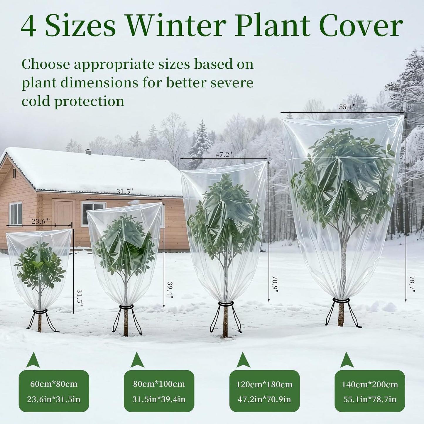 2 Pcs Winter Plant Covers Freeze Protection with Drawstring, 55.1"x78.7" Clear Plastic Film Shelter Bags, Waterproof Plant Frost Protection Covers for Outdoor Garden Shrubs Crops