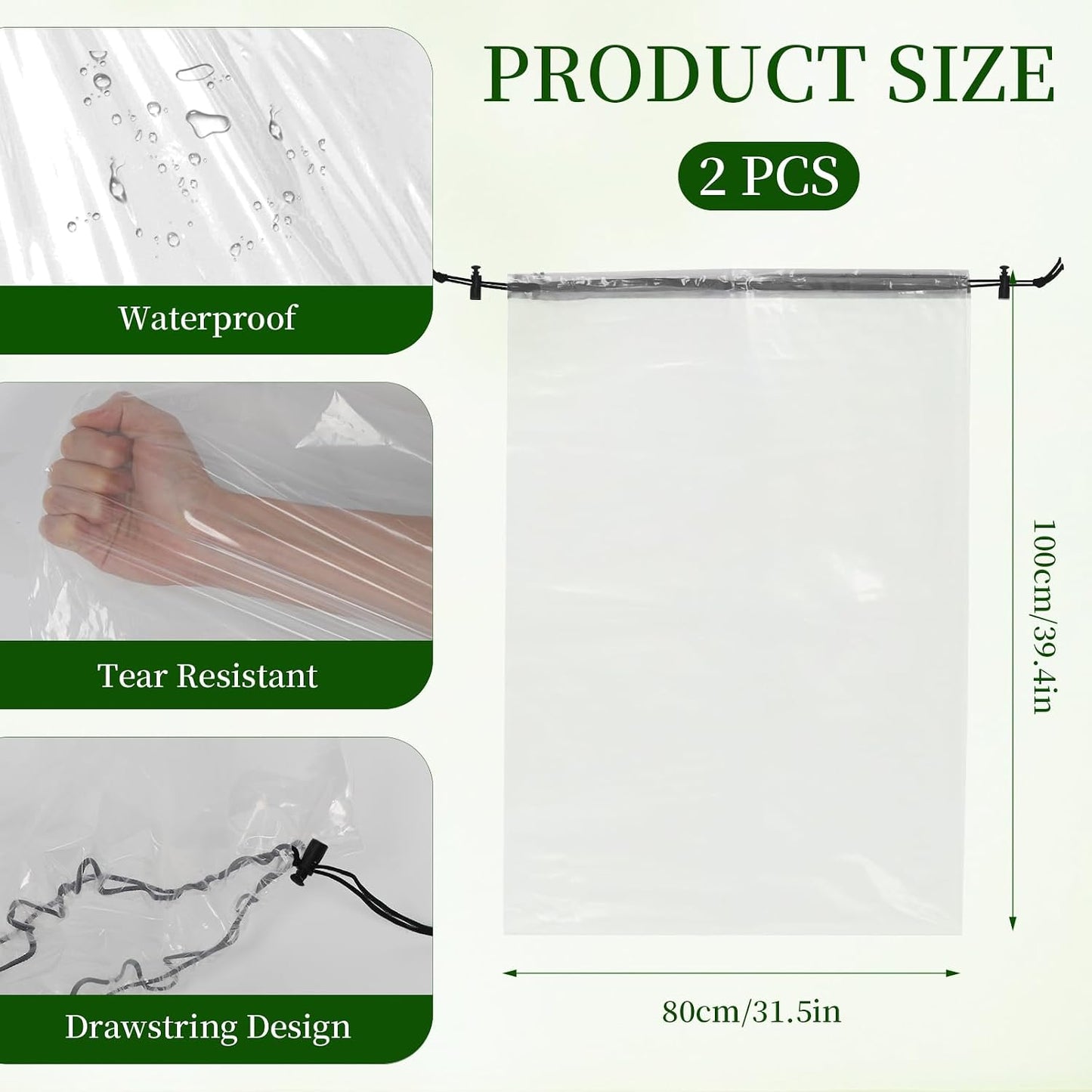 2 Pcs Winter Plant Covers Freeze Protection with Drawstring, 55.1"x78.7" Clear Plastic Film Shelter Bags, Waterproof Plant Frost Protection Covers for Outdoor Garden Shrubs Crops