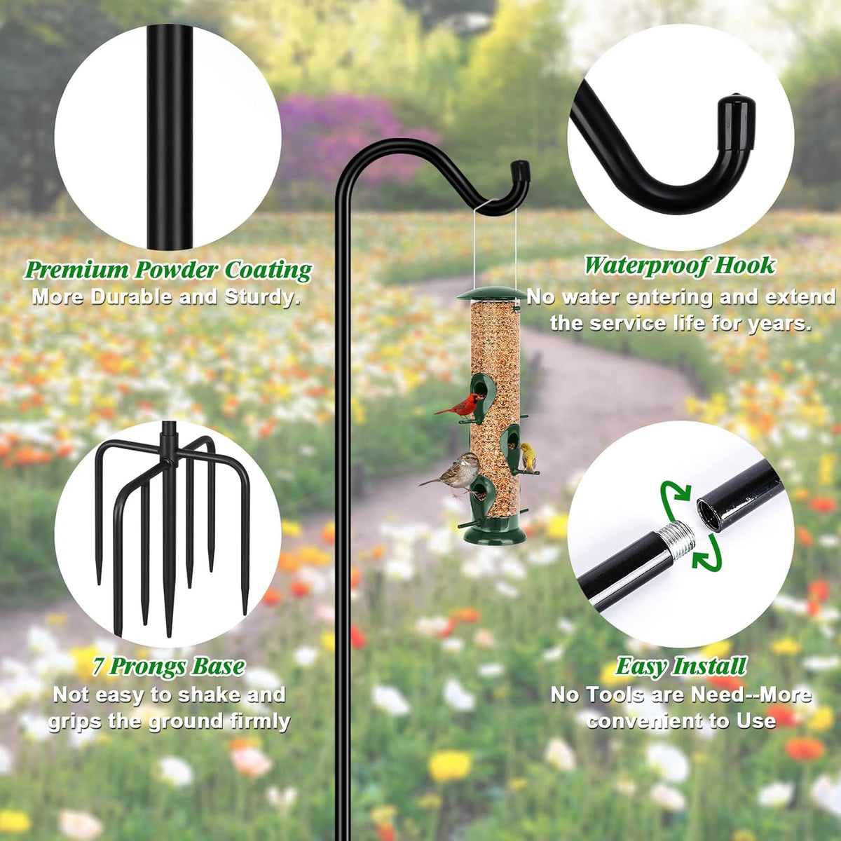 76'' Bird Feeder Pole, Heavy Duty Shepherds Hooks for Outdoor with 7-Prong Base, Adjustable Shepherds Hook for Hummingbird Feeder, Lanterns, Plants, Wedding Decor (1 Pack)