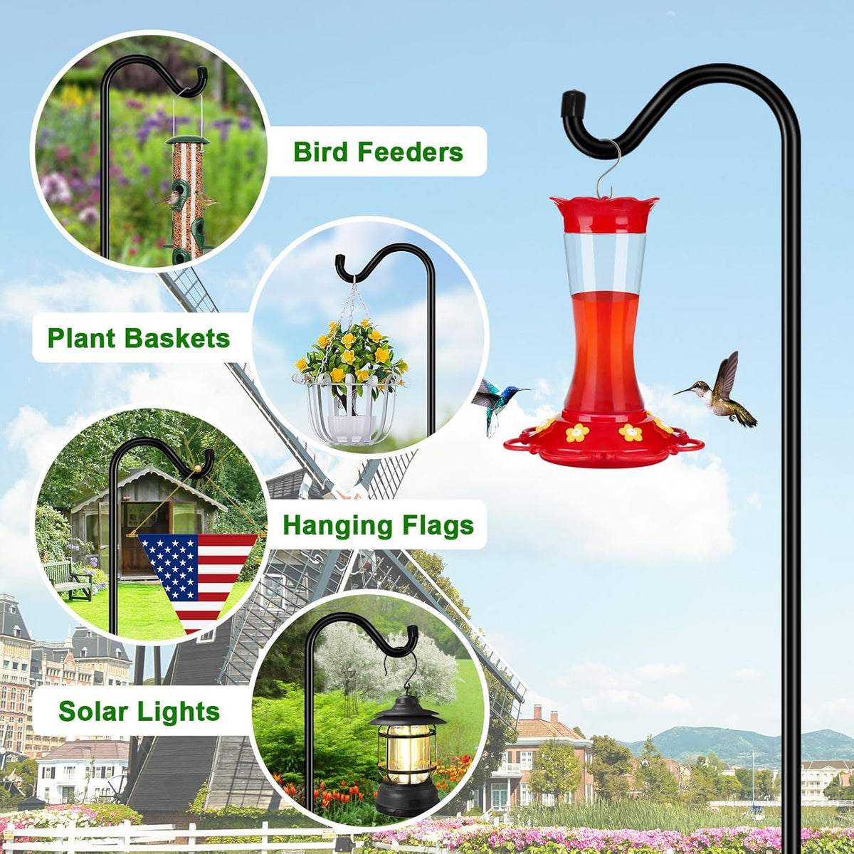 76'' Bird Feeder Pole, Heavy Duty Shepherds Hooks for Outdoor with 7-Prong Base, Adjustable Shepherds Hook for Hummingbird Feeder, Lanterns, Plants, Wedding Decor (1 Pack)