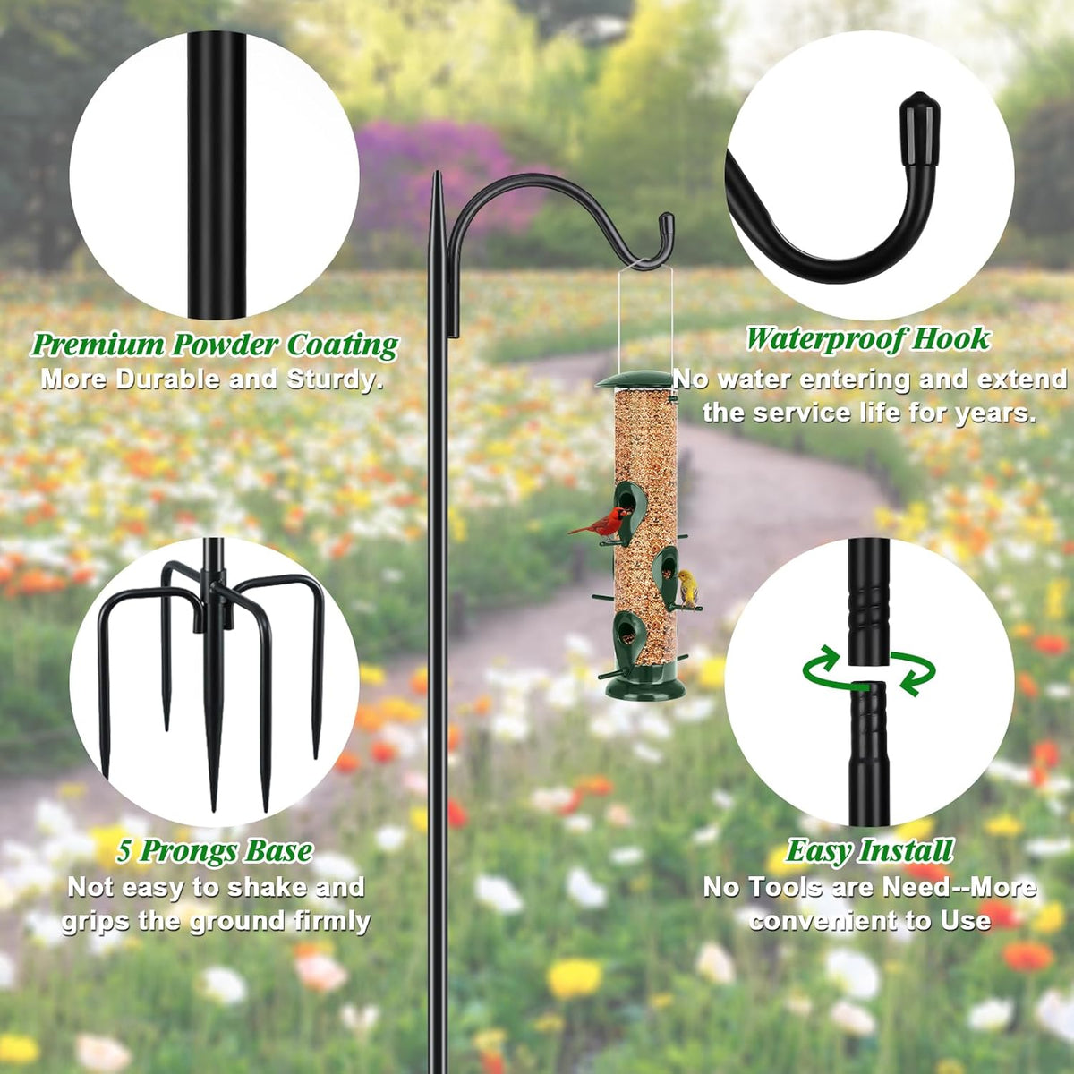 76'' Bird Feeder Pole, Heavy Duty Shepherds Hooks for Outdoor with 7-Prong Base, Adjustable Shepherds Hook for Hummingbird Feeder, Lanterns, Plants, Wedding Decor (1 Pack)
