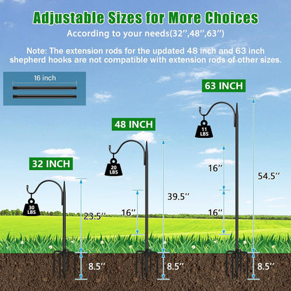 76'' Bird Feeder Pole, Heavy Duty Shepherds Hooks for Outdoor with 7-Prong Base, Adjustable Shepherds Hook for Hummingbird Feeder, Lanterns, Plants, Wedding Decor (1 Pack)