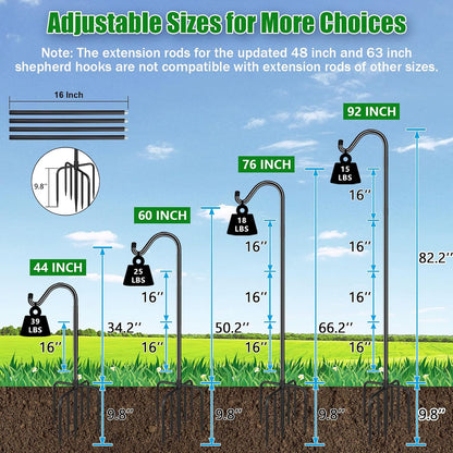76'' Bird Feeder Pole, Heavy Duty Shepherds Hooks for Outdoor with 7-Prong Base, Adjustable Shepherds Hook for Hummingbird Feeder, Lanterns, Plants, Wedding Decor (1 Pack)