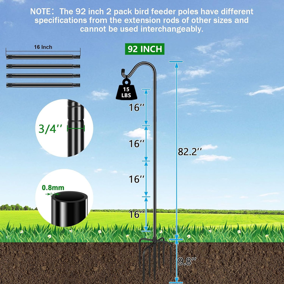 76'' Bird Feeder Pole, Heavy Duty Shepherds Hooks for Outdoor with 7-Prong Base, Adjustable Shepherds Hook for Hummingbird Feeder, Lanterns, Plants, Wedding Decor (1 Pack)