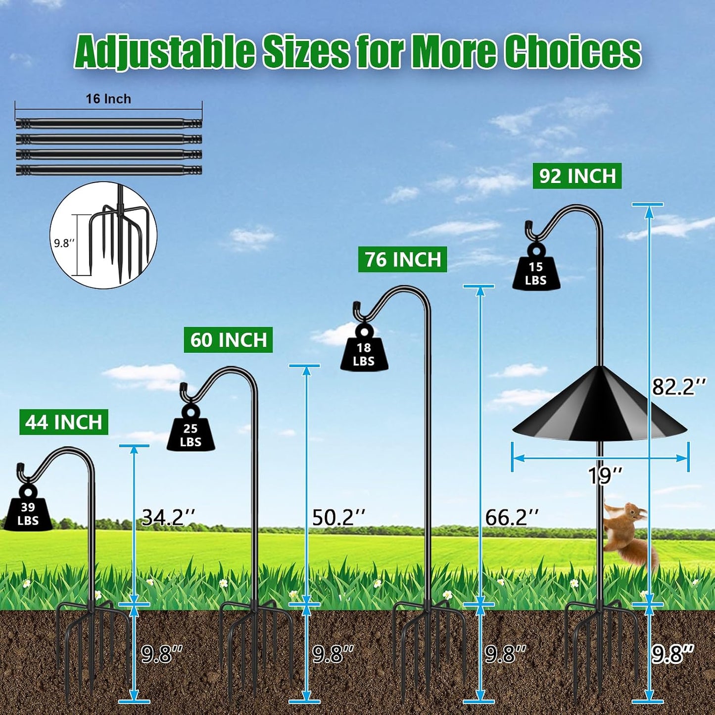 76'' Bird Feeder Pole, Heavy Duty Shepherds Hooks for Outdoor with 7-Prong Base, Adjustable Shepherds Hook for Hummingbird Feeder, Lanterns, Plants, Wedding Decor (1 Pack)