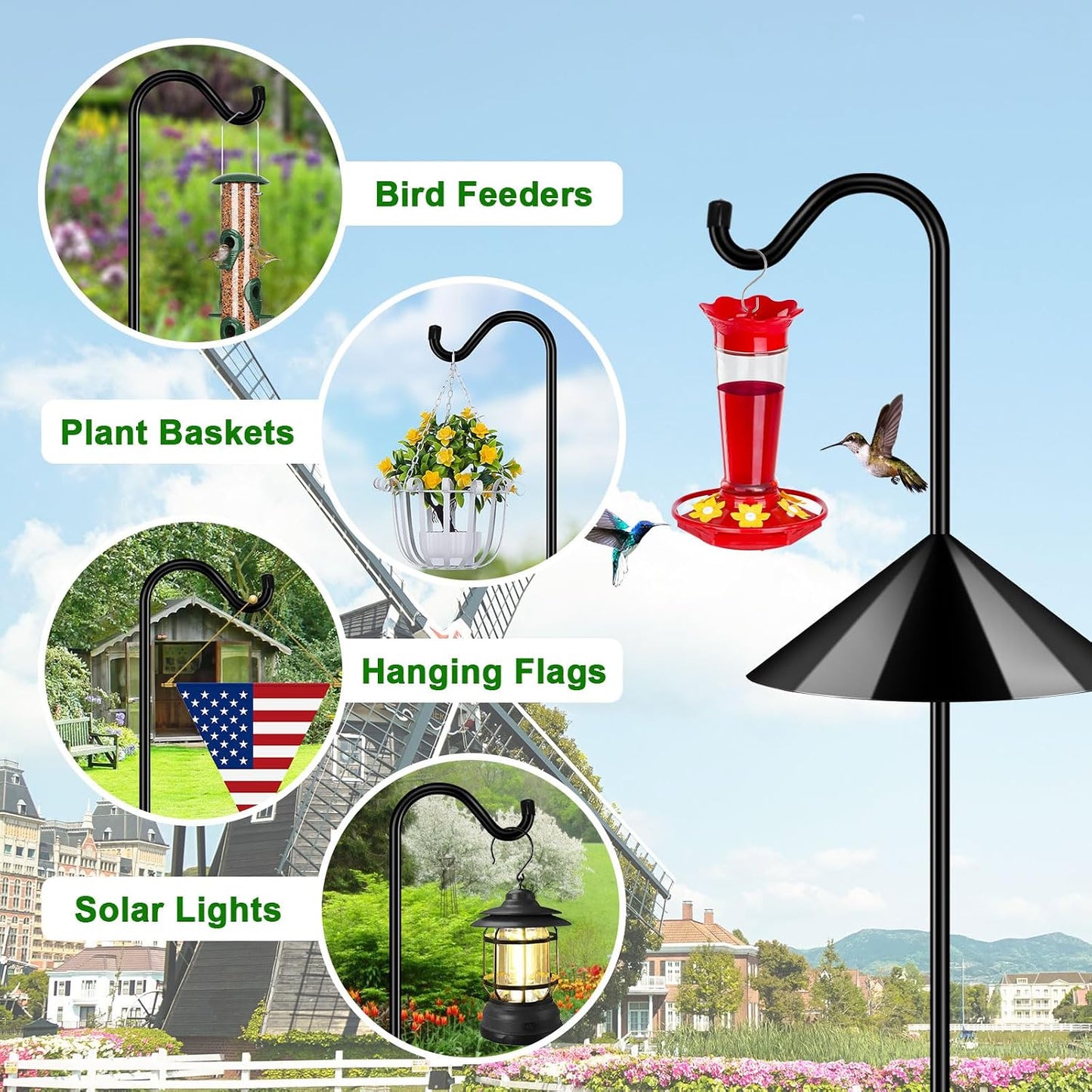 76'' Bird Feeder Pole, Heavy Duty Shepherds Hooks for Outdoor with 7-Prong Base, Adjustable Shepherds Hook for Hummingbird Feeder, Lanterns, Plants, Wedding Decor (1 Pack)