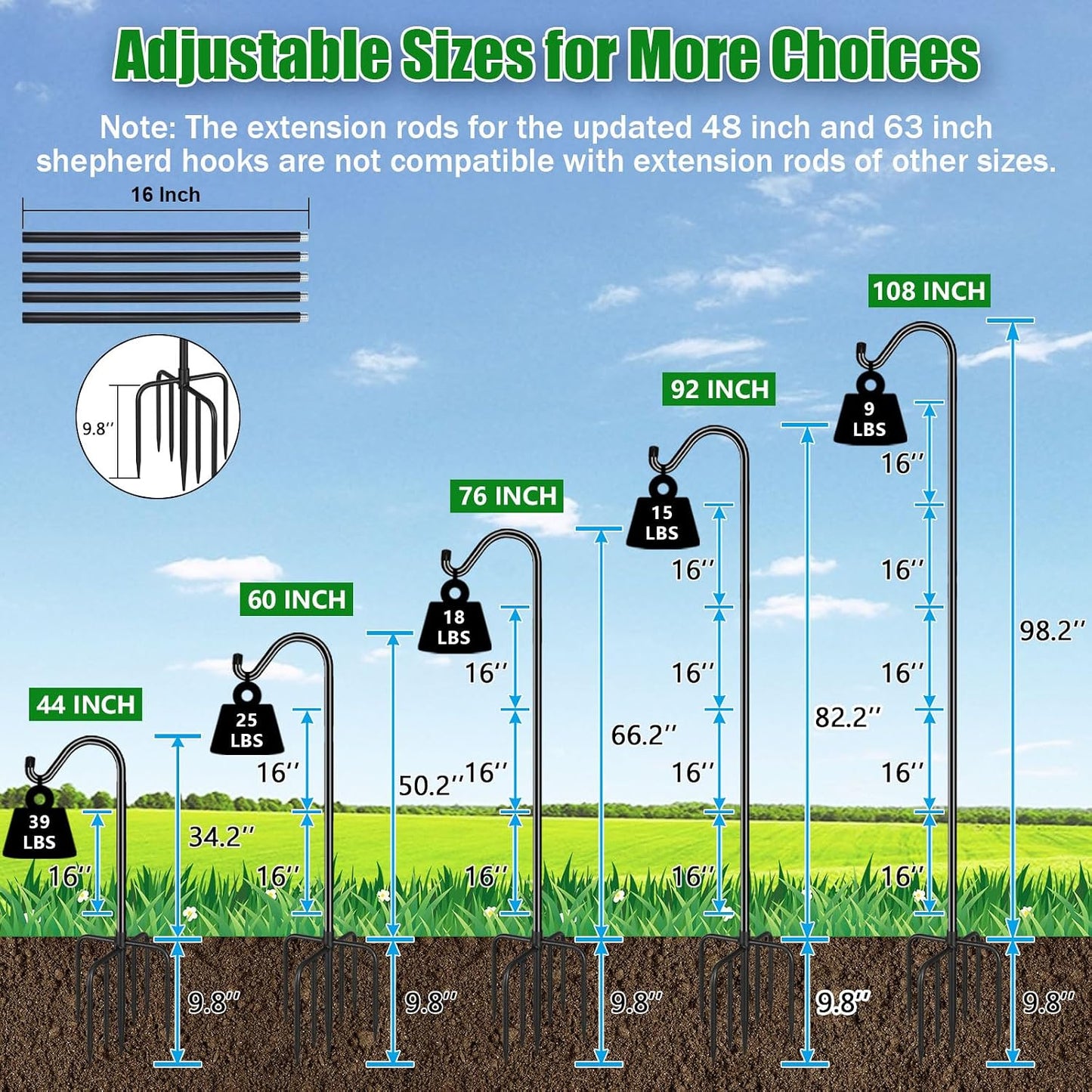 76'' Bird Feeder Pole, Heavy Duty Shepherds Hooks for Outdoor with 7-Prong Base, Adjustable Shepherds Hook for Hummingbird Feeder, Lanterns, Plants, Wedding Decor (1 Pack)