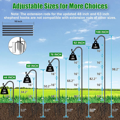 76'' Bird Feeder Pole, Heavy Duty Shepherds Hooks for Outdoor with 7-Prong Base, Adjustable Shepherds Hook for Hummingbird Feeder, Lanterns, Plants, Wedding Decor (1 Pack)