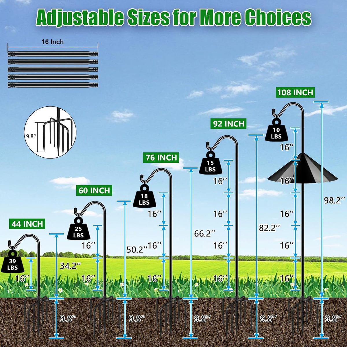76'' Bird Feeder Pole, Heavy Duty Shepherds Hooks for Outdoor with 7-Prong Base, Adjustable Shepherds Hook for Hummingbird Feeder, Lanterns, Plants, Wedding Decor (1 Pack)