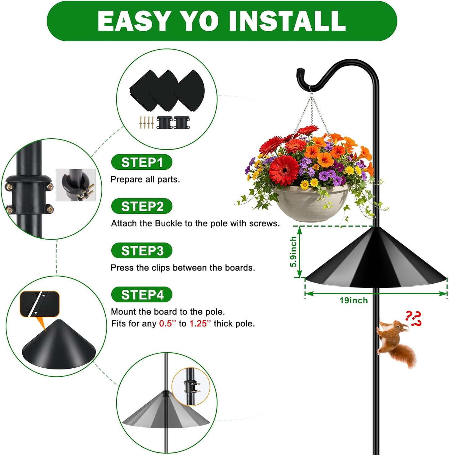 76'' Bird Feeder Pole, Heavy Duty Shepherds Hooks for Outdoor with 7-Prong Base, Adjustable Shepherds Hook for Hummingbird Feeder, Lanterns, Plants, Wedding Decor (1 Pack)