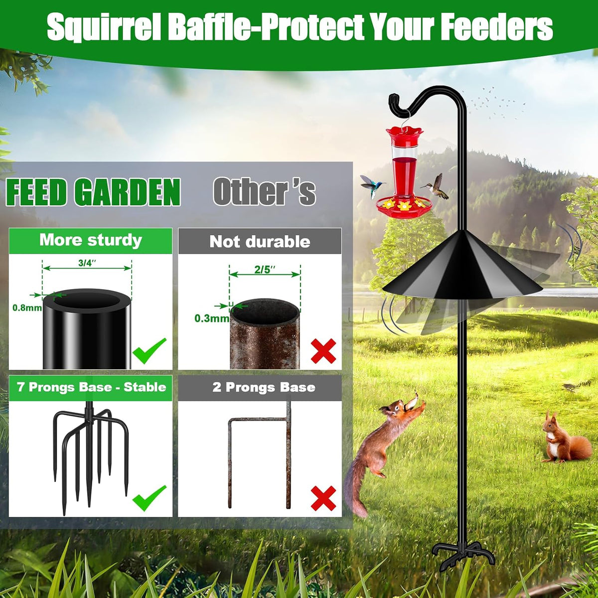 76'' Bird Feeder Pole, Heavy Duty Shepherds Hooks for Outdoor with 7-Prong Base, Adjustable Shepherds Hook for Hummingbird Feeder, Lanterns, Plants, Wedding Decor (1 Pack)