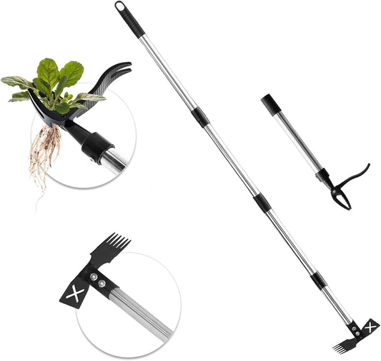 2 in 1 Stand Up Weed Puller Tool, Adjustable Bamboo Long Handle Weeder with 4-Claw Remover & 6-Tine Garden Hoe Rake, Detachable Extendable Gardening Tool for Yard Lawn Soil Loosening Planting