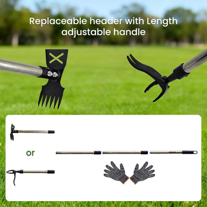 2 in 1 Stand Up Weed Puller Tool, Adjustable Bamboo Long Handle Weeder with 4-Claw Remover & 6-Tine Garden Hoe Rake, Detachable Extendable Gardening Tool for Yard Lawn Soil Loosening Planting