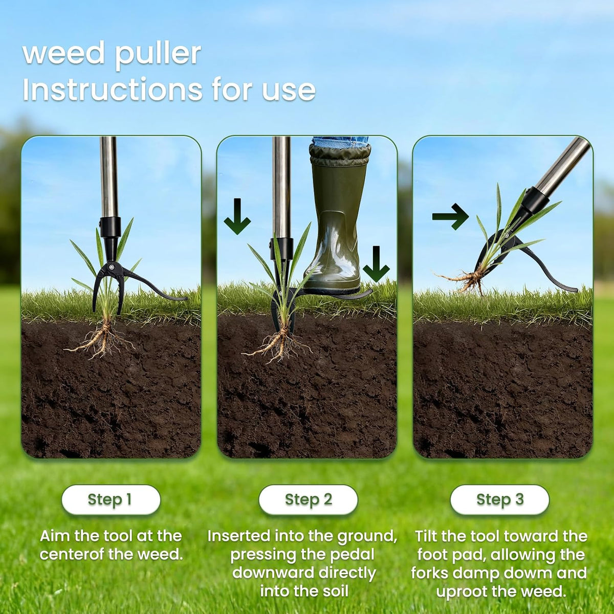 2 in 1 Stand Up Weed Puller Tool, Adjustable Bamboo Long Handle Weeder with 4-Claw Remover & 6-Tine Garden Hoe Rake, Detachable Extendable Gardening Tool for Yard Lawn Soil Loosening Planting