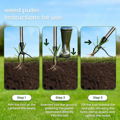 2 in 1 Stand Up Weed Puller Tool, Adjustable Bamboo Long Handle Weeder with 4-Claw Remover & 6-Tine Garden Hoe Rake, Detachable Extendable Gardening Tool for Yard Lawn Soil Loosening Planting
