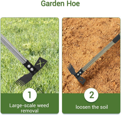 2 in 1 Stand Up Weed Puller Tool, Adjustable Bamboo Long Handle Weeder with 4-Claw Remover & 6-Tine Garden Hoe Rake, Detachable Extendable Gardening Tool for Yard Lawn Soil Loosening Planting