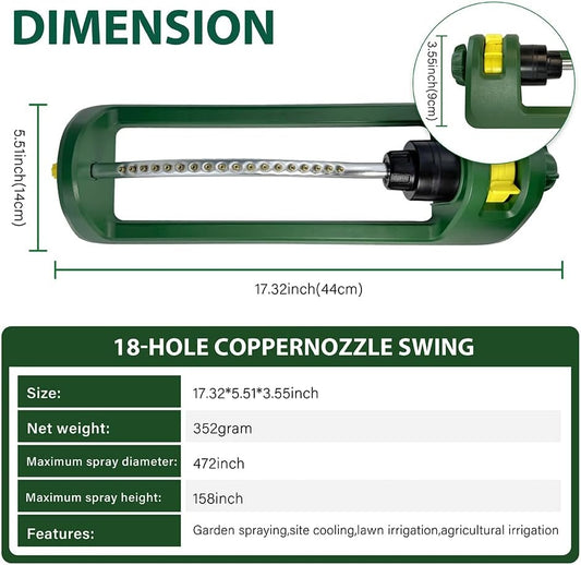 Lawn Sprinkler, 18 Brass Nozzles Garden Water Oscillating Sprinkler for Yard Covers up to 3,600 sq.ft, Heavy Weight Base, Built-in Spray Jet Cleaning Needle, Green, Yellow