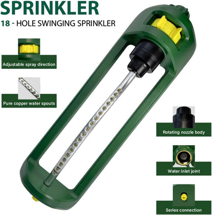 Lawn Sprinkler, 18 Brass Nozzles Garden Water Oscillating Sprinkler for Yard Covers up to 3,600 sq.ft, Heavy Weight Base, Built-in Spray Jet Cleaning Needle, Green, Yellow