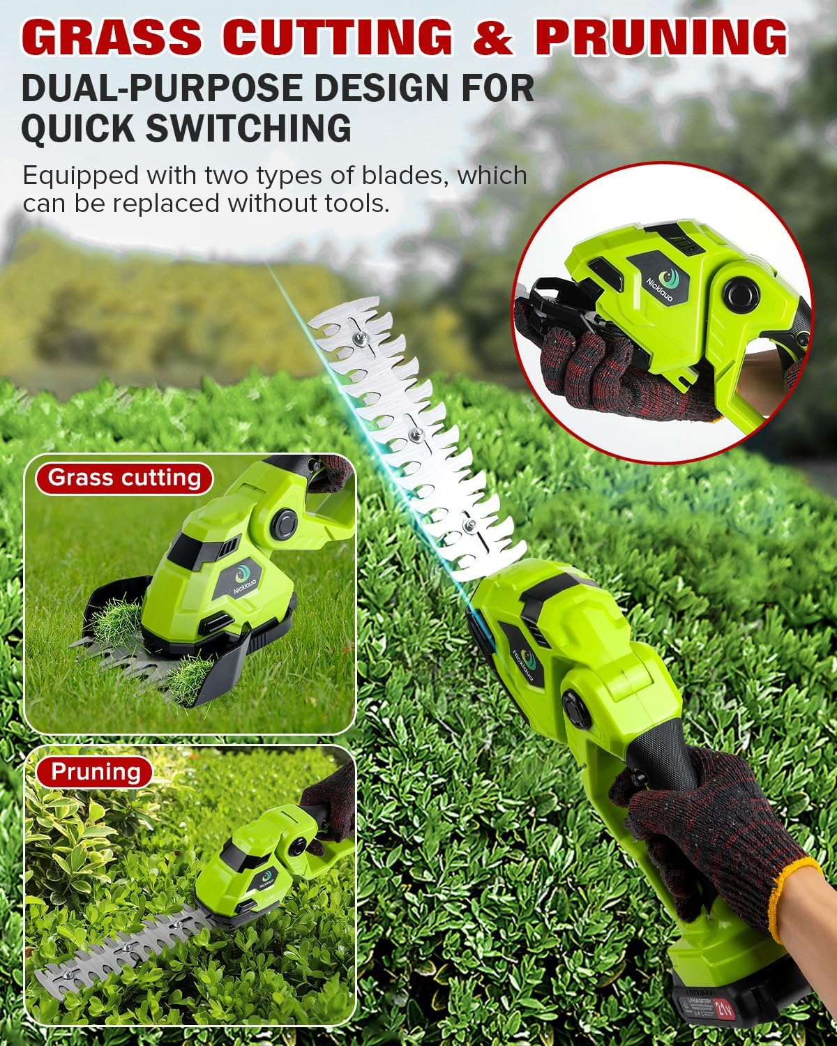 Cordless Hedge Trimmer，2-in-1 Bush Trimmer，Cordless Grass Shear & Shrubbery Trimmer with Dual-Action Blade Cutting Capacity,Hedge Shear with 2 PCS Rechargeable Battery and Charger for Garden,Lawn.