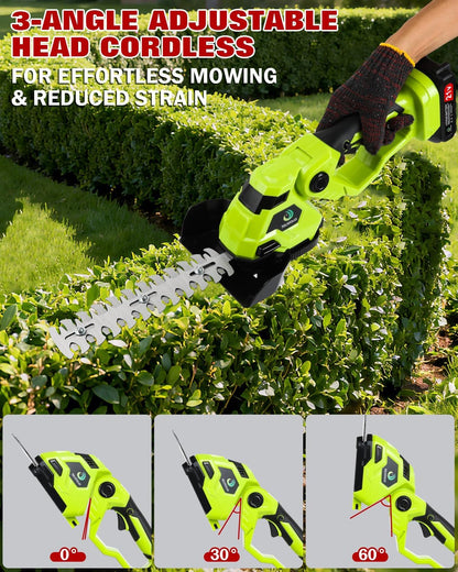 Cordless Hedge Trimmer，2-in-1 Bush Trimmer，Cordless Grass Shear & Shrubbery Trimmer with Dual-Action Blade Cutting Capacity,Hedge Shear with 2 PCS Rechargeable Battery and Charger for Garden,Lawn.