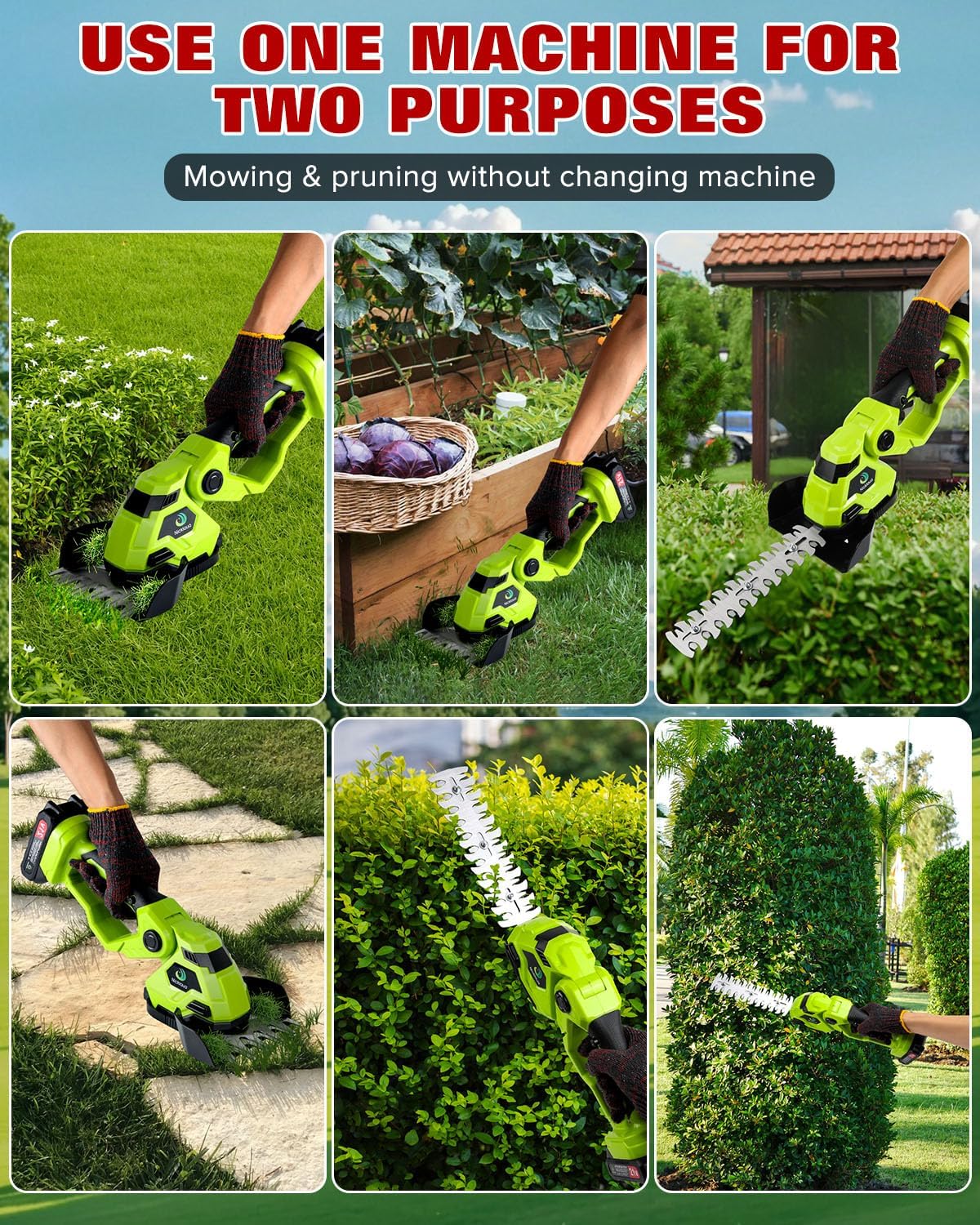 Cordless Hedge Trimmer，2-in-1 Bush Trimmer，Cordless Grass Shear & Shrubbery Trimmer with Dual-Action Blade Cutting Capacity,Hedge Shear with 2 PCS Rechargeable Battery and Charger for Garden,Lawn.