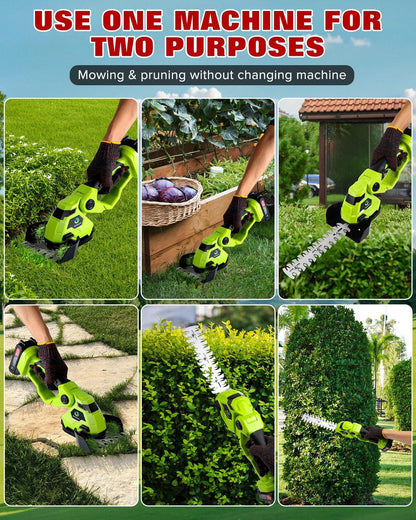 Cordless Hedge Trimmer，2-in-1 Bush Trimmer，Cordless Grass Shear & Shrubbery Trimmer with Dual-Action Blade Cutting Capacity,Hedge Shear with 2 PCS Rechargeable Battery and Charger for Garden,Lawn.