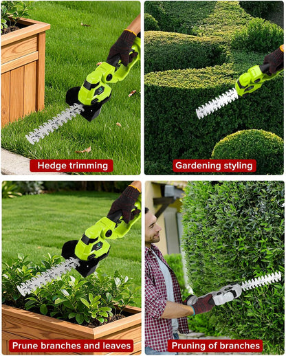 Cordless Hedge Trimmer，2-in-1 Bush Trimmer，Cordless Grass Shear & Shrubbery Trimmer with Dual-Action Blade Cutting Capacity,Hedge Shear with 2 PCS Rechargeable Battery and Charger for Garden,Lawn.