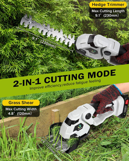 Cordless Hedge Trimmer，2-in-1 Bush Trimmer，Cordless Grass Shear & Shrubbery Trimmer with Dual-Action Blade Cutting Capacity,Hedge Shear with 2 PCS Rechargeable Battery and Charger for Garden,Lawn.