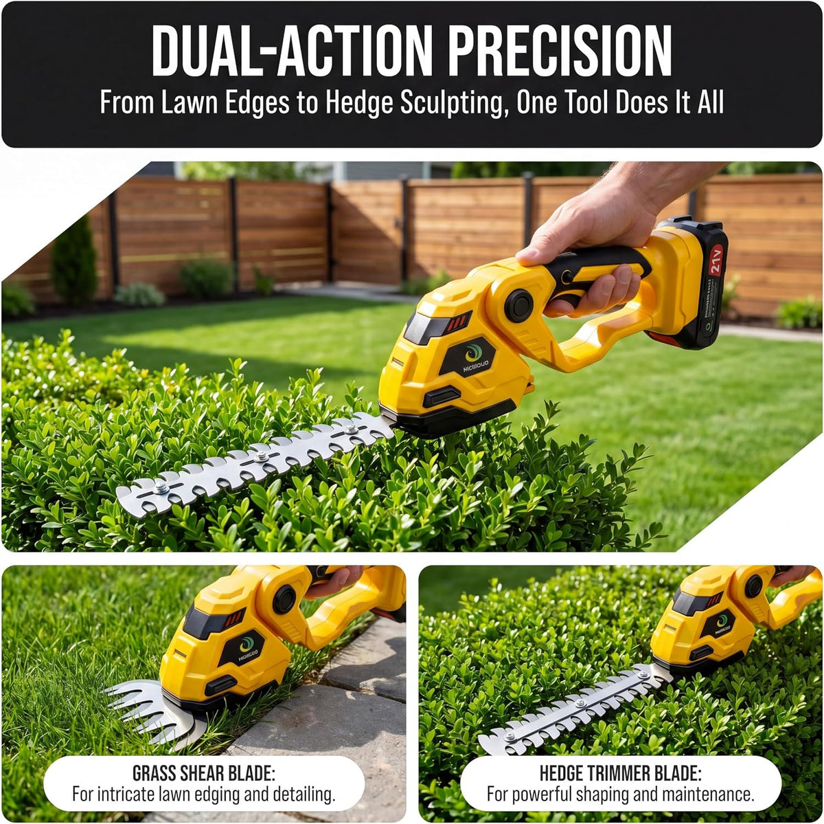 Cordless Hedge Trimmer，2-in-1 Bush Trimmer，Cordless Grass Shear & Shrubbery Trimmer with Dual-Action Blade Cutting Capacity,Hedge Shear with 2 PCS Rechargeable Battery and Charger for Garden,Lawn.