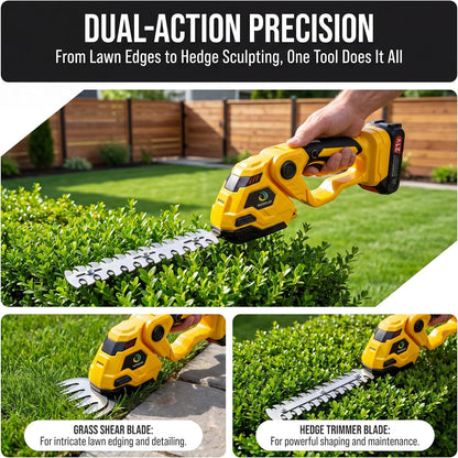 Cordless Hedge Trimmer，2-in-1 Bush Trimmer，Cordless Grass Shear & Shrubbery Trimmer with Dual-Action Blade Cutting Capacity,Hedge Shear with 2 PCS Rechargeable Battery and Charger for Garden,Lawn.