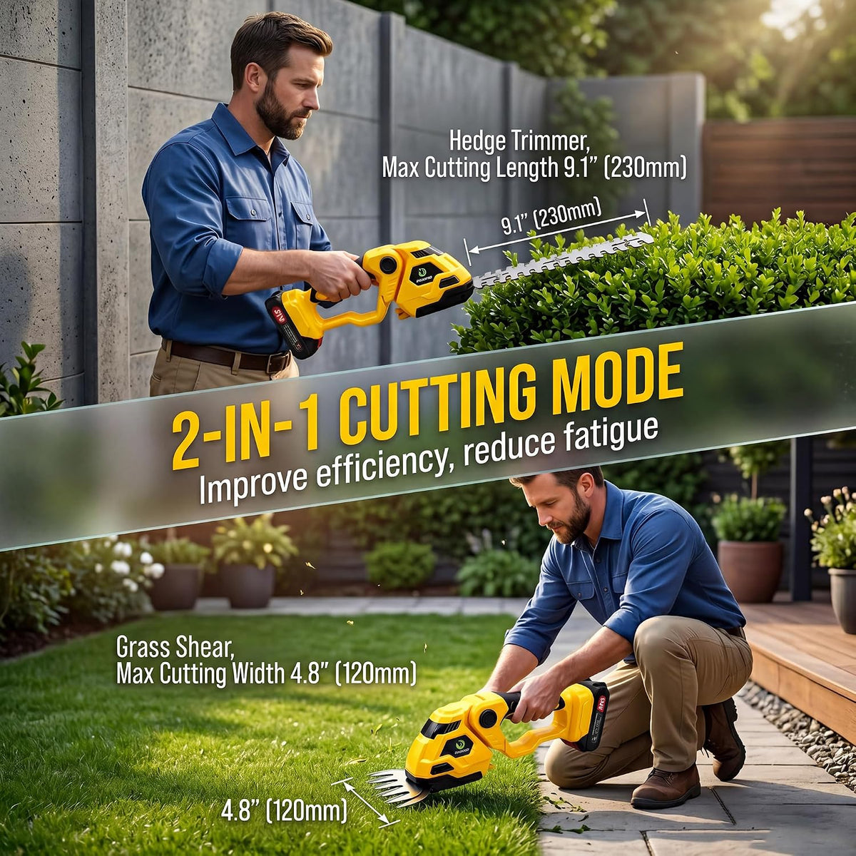 Cordless Hedge Trimmer，2-in-1 Bush Trimmer，Cordless Grass Shear & Shrubbery Trimmer with Dual-Action Blade Cutting Capacity,Hedge Shear with 2 PCS Rechargeable Battery and Charger for Garden,Lawn.