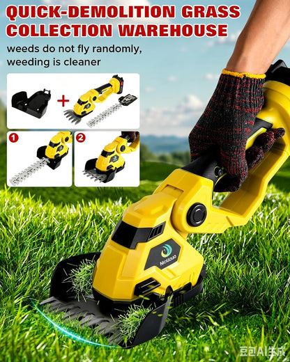 Cordless Hedge Trimmer，2-in-1 Bush Trimmer，Cordless Grass Shear & Shrubbery Trimmer with Dual-Action Blade Cutting Capacity,Hedge Shear with 2 PCS Rechargeable Battery and Charger for Garden,Lawn.