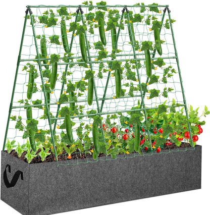 Cucumber Trellis with 46 Gallon Grows Bag, 50 x 54 Inches A Frame Outdoor Greenhouse Trellis and Fabric Raised Bed, Climbing Net and Plant Support Clips for Bean Climbing Plants